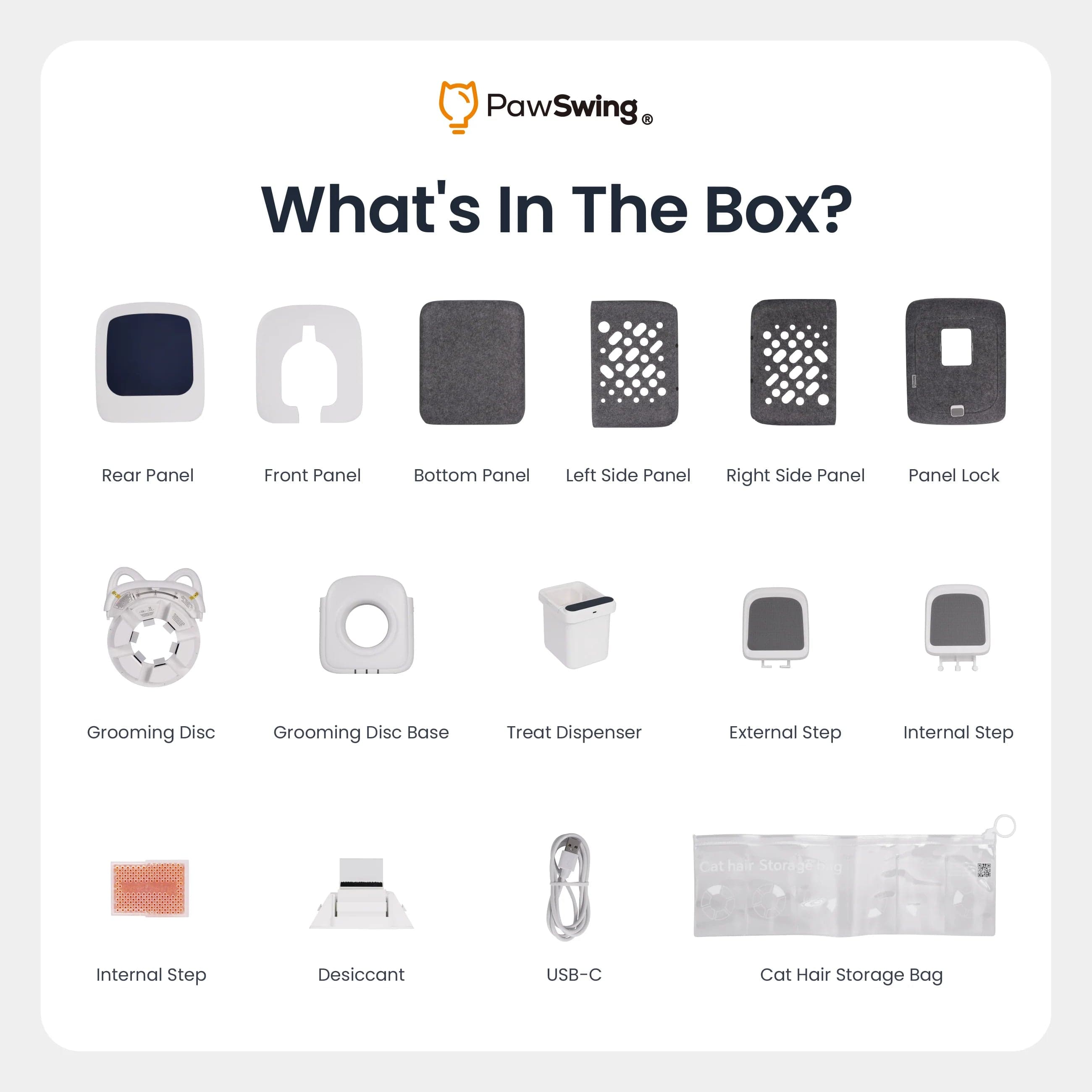 Official PawSwing contents diagram showing enclosure panels, grooming parts, steps, treat dispenser, cable, desiccant, and storage bag