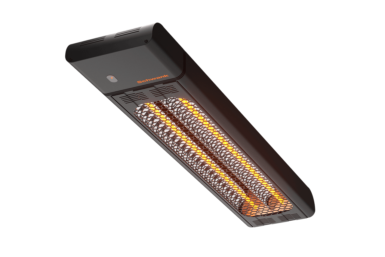 Official angled view of the illuminated eSchwank Ghost electric patio heater