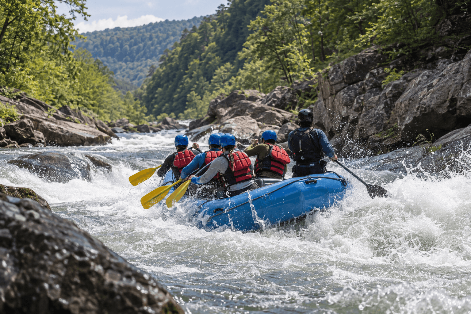 Representative group navigating whitewater rapids with safety equipment