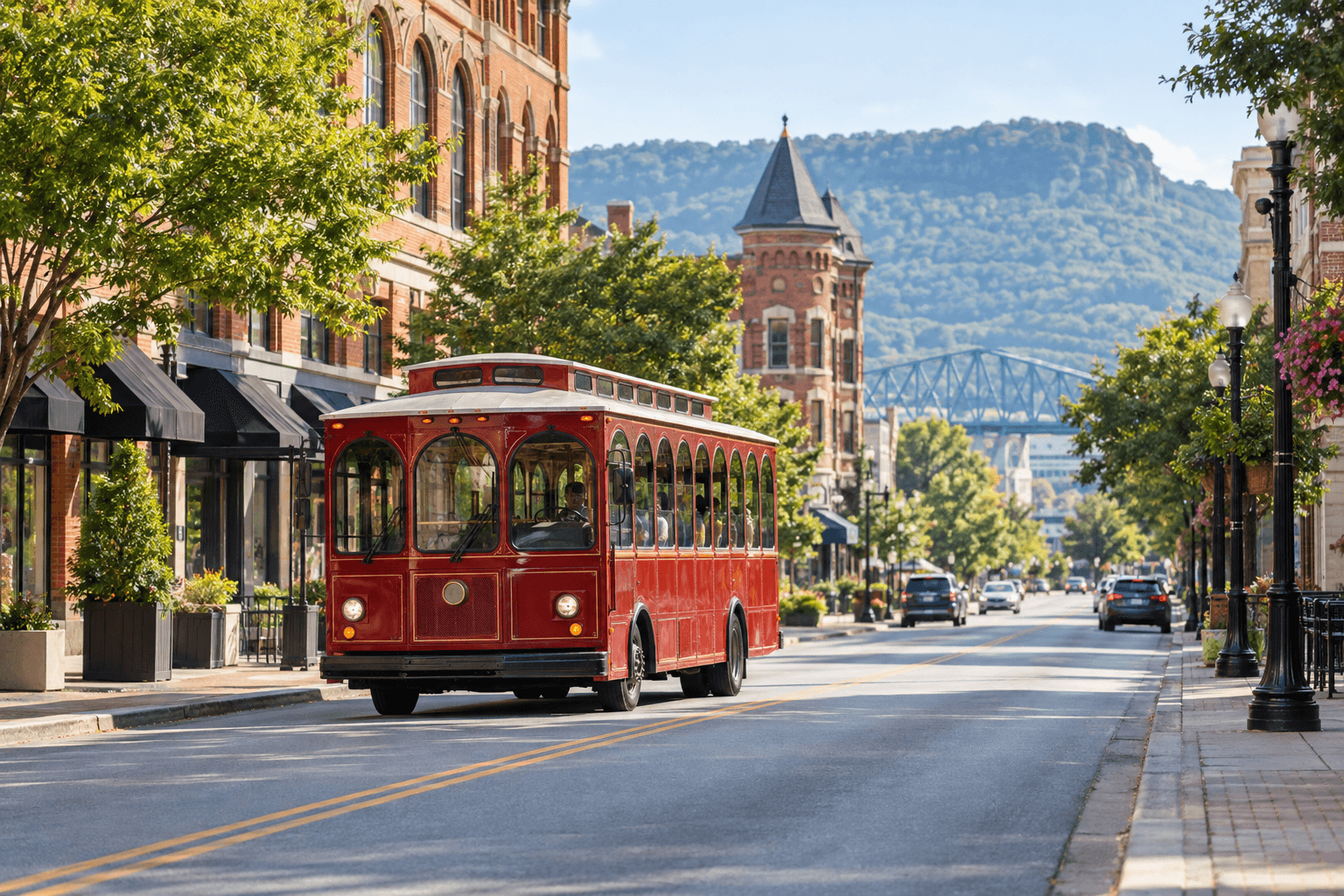 Representative red sightseeing trolley in downtown Chattanooga
