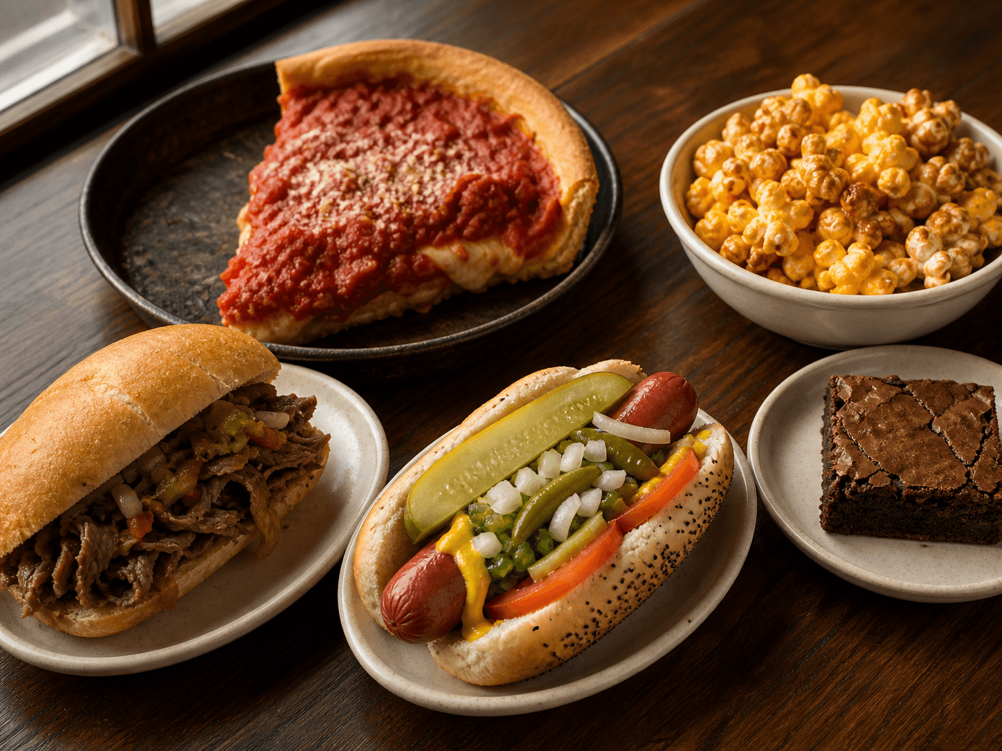Chicago deep-dish pizza, hot dog, Italian beef, popcorn, and brownie arranged on a table