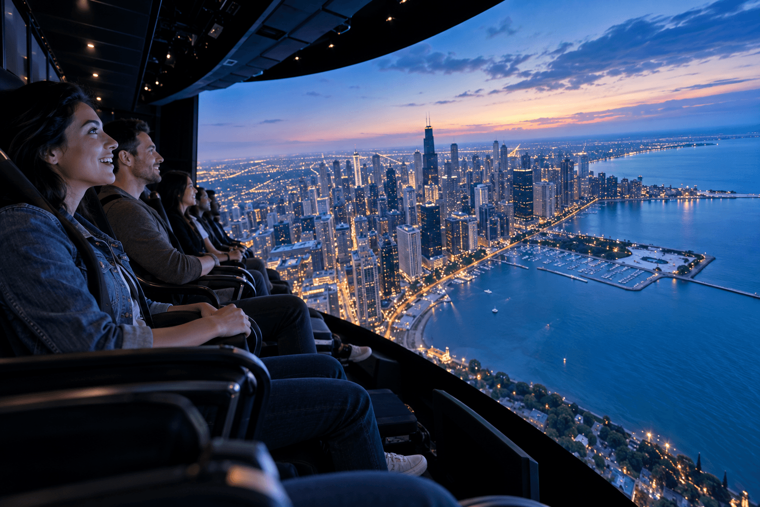 Representative view of an immersive flight experience overlooking Chicago