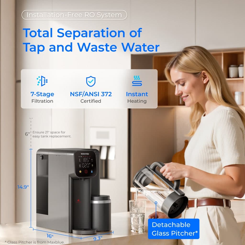 Waterdrop M6H shown with countertop dimensions and detachable pitcher