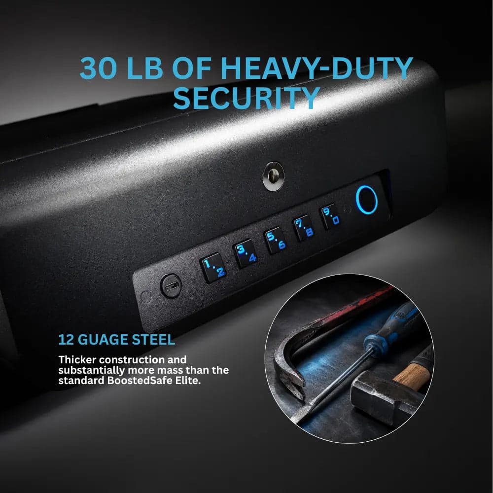 BoostedSafe Golden Gate Elite 12-gauge steel and 30-pound construction graphic