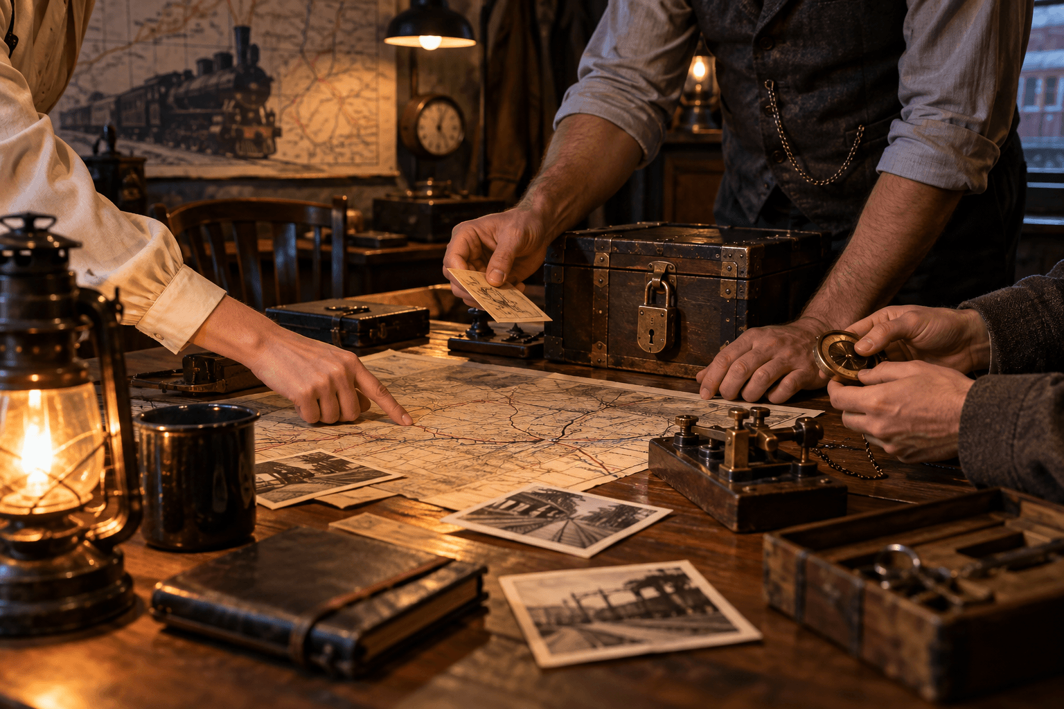 Representative 1940s railroad-themed escape room with mechanical puzzles
