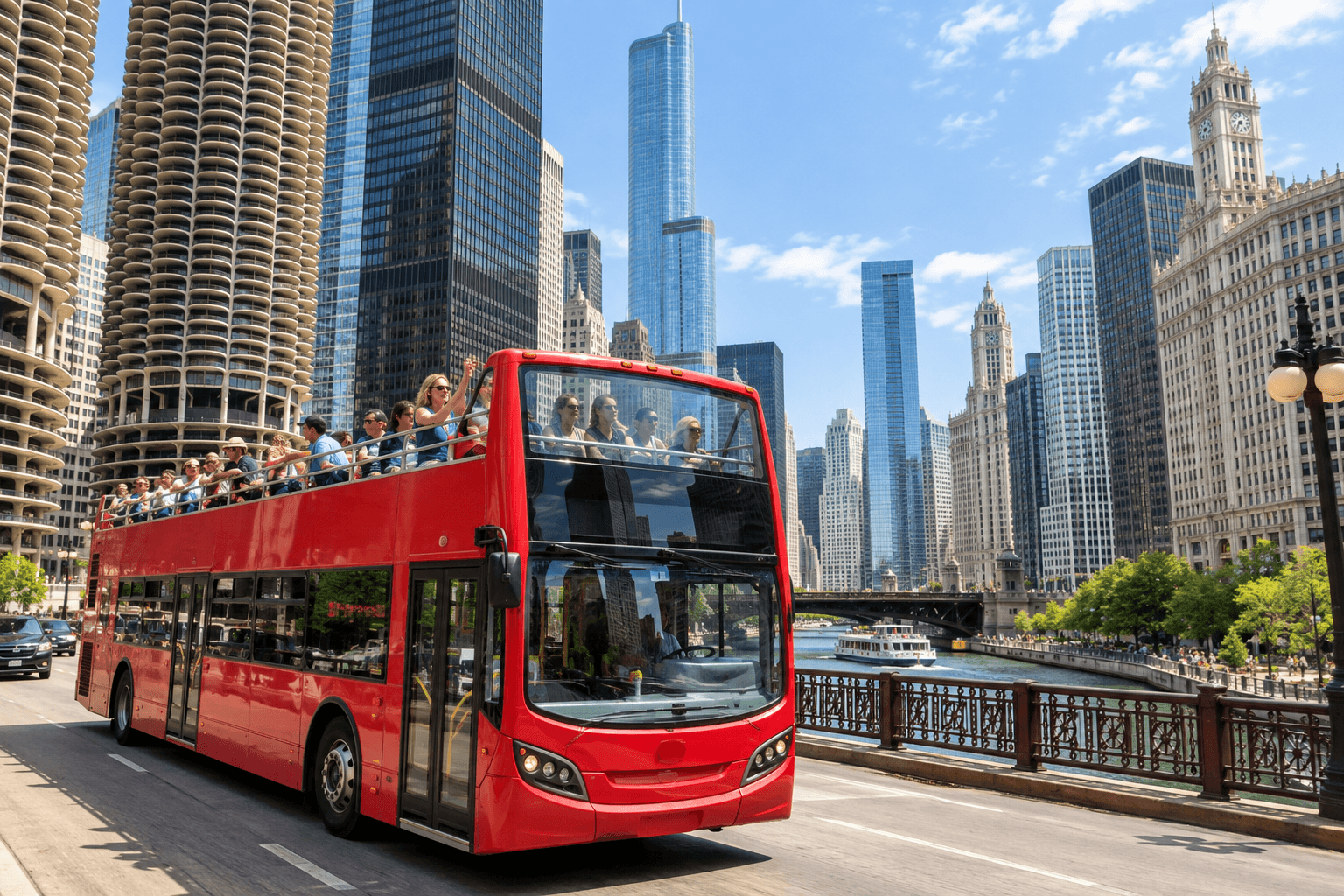 Representative open-top sightseeing bus in downtown Chicago